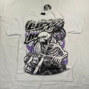 Lost Hills Skeleton Motorcycle Graphic T-Shirt White Purple Mens Small NWT USA